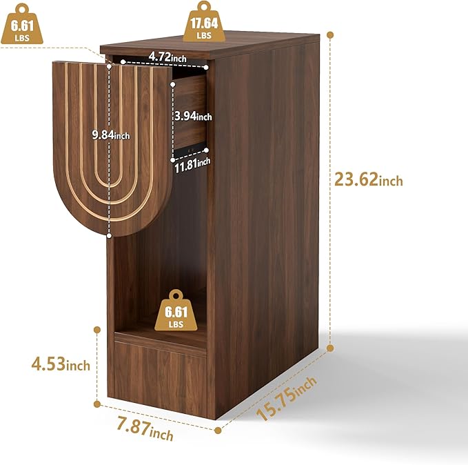 Narrow Nightstand, Mid-Century Modern Bedside Table with Carved Drawer and Storage Shelf, Slim Side End Table for Bedroom Small Space, Wooden Farmhouse Night Stand (1, Walnut)