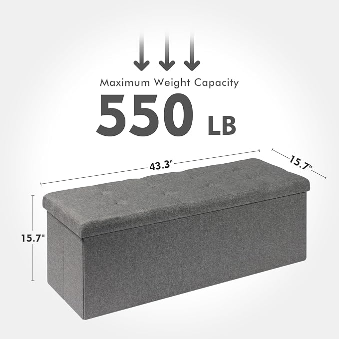 PINPLUS Folding Storage Ottoman Bench, Grey Linen Long Ottoman Chest Foot Rest Stool with Padded Seat, Chest with Tray, Bedroom Bench with Storage, 43.3inches