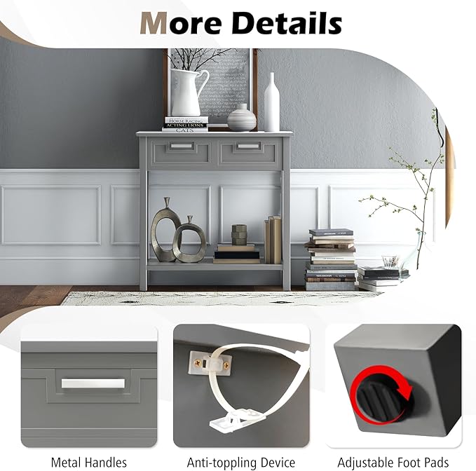 KOTEK Console Table with 2 Drawers & Shelf, Narrow Sofa Table with Rubber Wood Legs, Small Entryway Table for Living Room, Hallway, Office (Grey)
