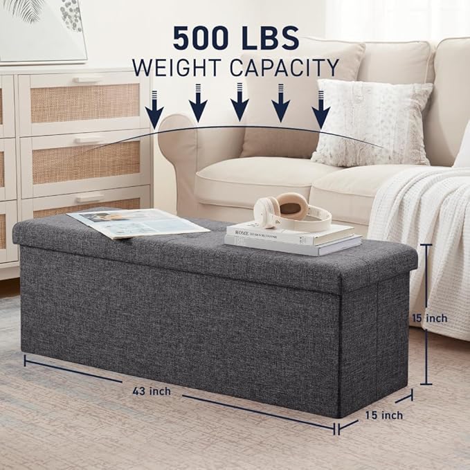 Ornavo Home 43 Inch Folding Storage Ottoman, Long Large Storage Ottoman Chest, Foot Rest Stool, Bedroom Bench - (Dark Gray)