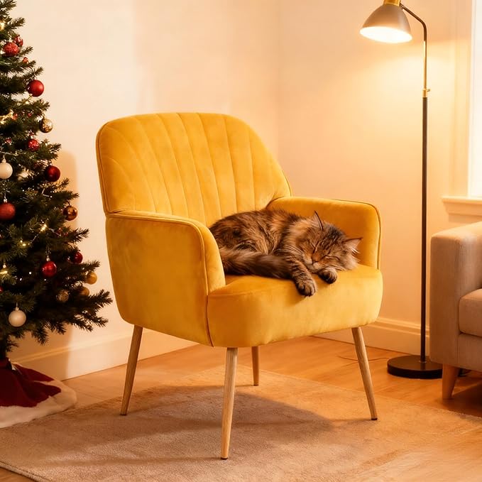 Velvet Accent Chair, Modern Upholstered Single Sofa Side Living Room Chair, Comfy Barrel Reading Armchair with Metal Legs for Bedroom, Waiting Room, Office and Cafe, Yellow