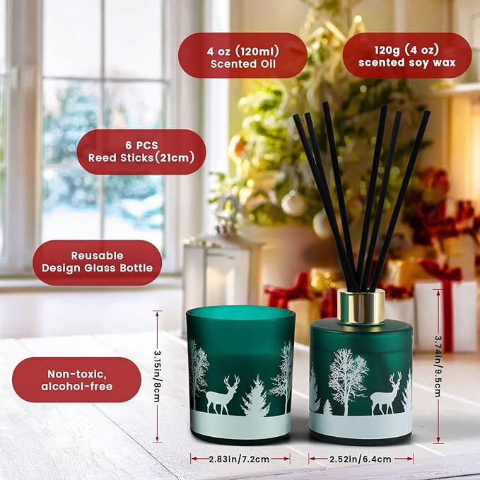 Brakula Christmas Reed Diffuser and Candles Set, 2 Pack/Total 8 oz, Fireside Juniper & Balsam Scented, 6 Diffuser Sticks with Christmas Bottle Design, Home Decor Bedroom Living Room Office