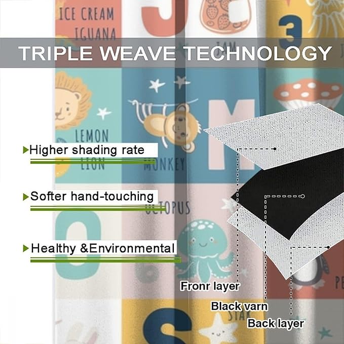 BAEKJIN Kids Alphabet Curtains，Catoon Wild Animals Pattern Print Decor Window Drapes for Bedroom Living Room 42x45 Inch