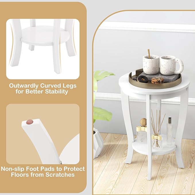 Giantex Round End Table, 2 Tier Side Table with Storage Shelf, Retro Nightstand with Solid Wood Legs, 18" x 18" Accent Table for Corner Small Spaces, Tall Night Stand for Living Room Bedroom, White