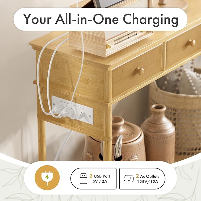 Entryway Table Sofa Console Table, Bamboo Small Entry Way Table with Drawers Storage and Power Outlets for Living Room, Hallway, Foyer, Entrance