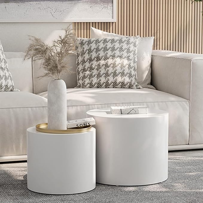 KEVINSPACE Nesting Coffee Table Set of 2, Modern Circle Accent Coffee Tables for Small Spaces, White End Table Wooden Side Table for Living Room, Bedroom, Balcony, Office