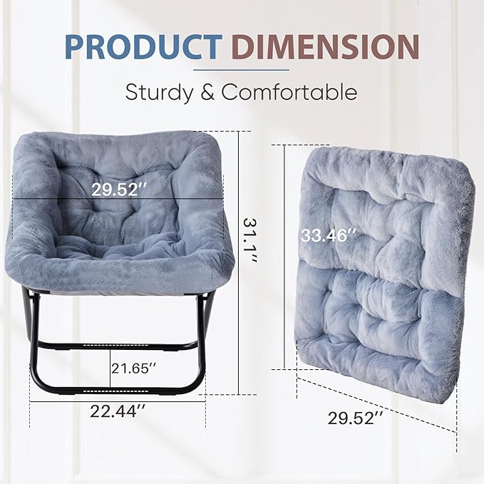 DUMOS Comfy Chair for Adults, Soft Faux Fur Folding Lounge for Bedroom Living Room Dorm Rooms Flexible Reading Chair for Teens, Large Size Foldable (Square-Gray)