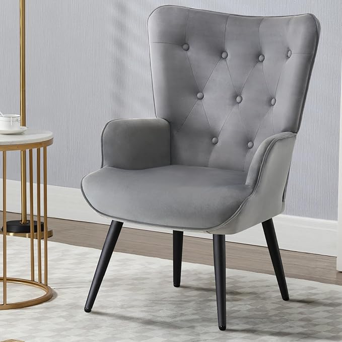 Furniliving Velvet Accent Chair for Living Room, Upholstered Reading Chair with High Backrest, Tufted-Button Wingback Armchair for Bedroom, Dressing Room, Home Office, Light Grey, Set of 2