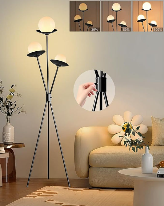 Lightdot Tripod Floor Lamp Dimmable Globe Floor Lamps with 3 LED Bulbs, 3000K Soft Warmwhite Mid Century Modern Standing Lamps Black Tall Lamp for Living Room Bedroom