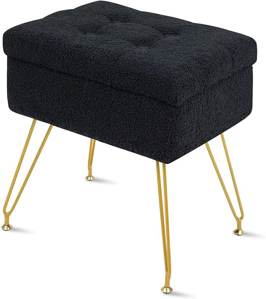 Vanity Chair with Storage, 15.7" L x 11.8" W x 17.7" H Teddy Velvet Vanity Stool with Coffee Table and Metal Legs, Multifunctional Makeup Stool for Vanity, Bedroom, and Living Room, Black