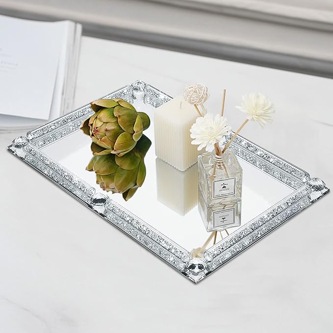 Mirror Crystal Perfume Tray,Crushed Diamond Filled Crystal Glass Vanity Tray,Jewelry Trinket Holder,Decorative Tray for Home,Party,Hotel Banquet
