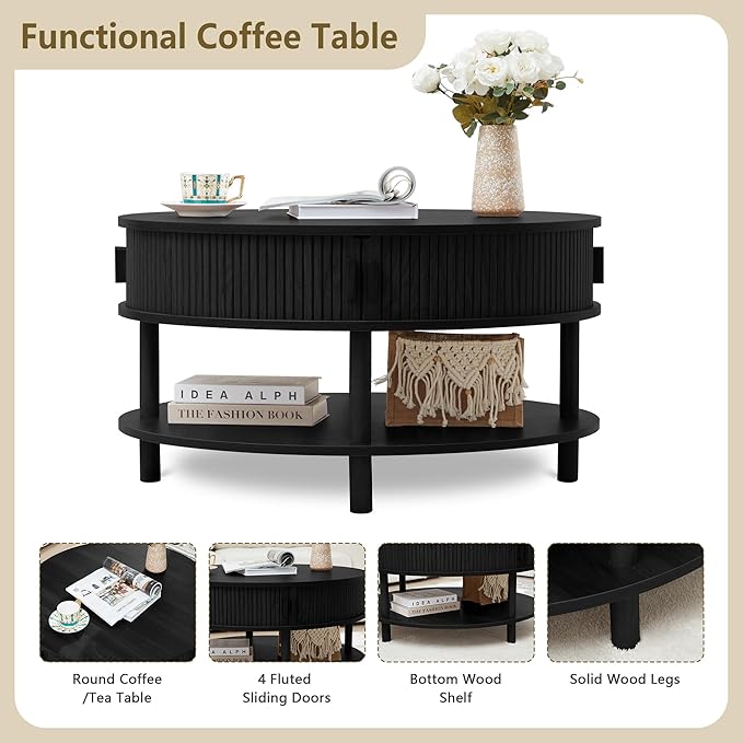 31.5” Round Coffee Table with Storage, Mid Century Modern 2 Tier Coffee Table with Tambour Sliding Door, Solid Wood Legs Fluted Center Table for Living Room Home Office Small Space, Black