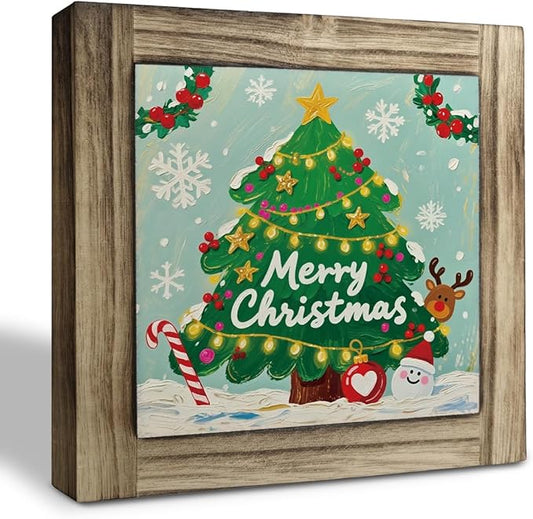 Christmas Tree Wood Sign, Farmhouse Wooden Box Sign Plaque, X-mas Decor Ornament, Christmas Tree Decorations for Home Office Indoor Shelf Table Desk, X-mas Gift