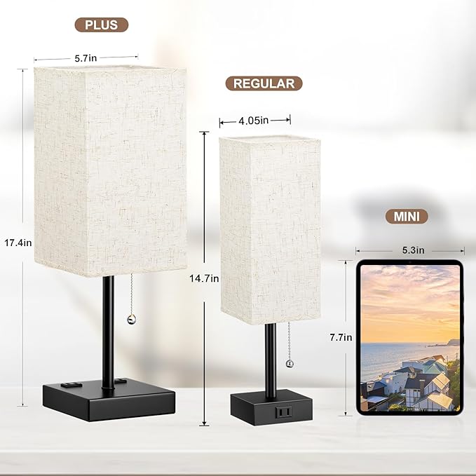 Table Lamps for Bedroom Set of 2 Nightstand - 17.4In Tall, 3 Color Bedside Lamps with AC Outlets and USB A & C for Charging, Square Night Stand light Lamp, End Table Lamp for Living Room/Dorm/Office