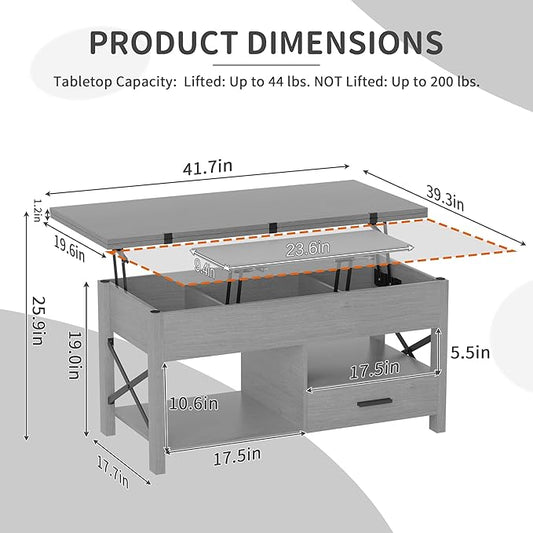 Lift Top Coffee Table with Storage, Convertible Coffee Table Converts to Dining Table, Center Table with Drawer and Hidden Compartment, Farmhouse Coffee Tables with Lifting Top for Living Room, Grey