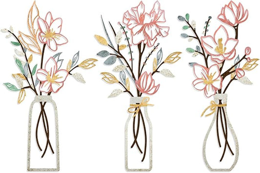 ARTINME 3 Pieces Metal Flowers Wall Arts - Pink and Beige Rustic Farmhouse Decor Minimalist Flower Wall Decors for Living room Bathroom Kitchen Bedroom Dining Room - Housewarming Gifts