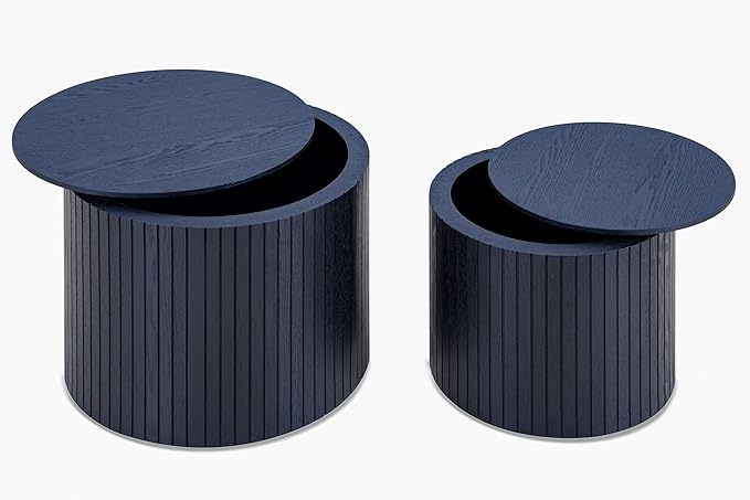 kevinplus Black Coffee Table Nesting Tables Set of 2 for Living Room, Modern Circle Drum Small Coffee Table with Storage Contemporary Side Table End Table with Moveable Lid, Black