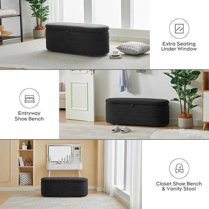 Storage Ottoman Bench End of Bed for Bedroom,45 inch Boucle Upholstered Entryway Shoe Seat Bench w/ Storage,Sherpa Modern Cute Padded Blanket Chest Stool Foot Rest for Living Room,Black