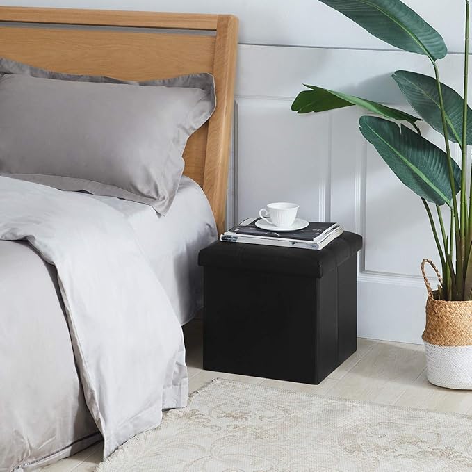 YOUDENOVA 15 inches Folding Storage Ottoman, Cube Storage Boxes, Small Ottoman with Foam Padded Seat, Support 300lbs (Black, Leather)