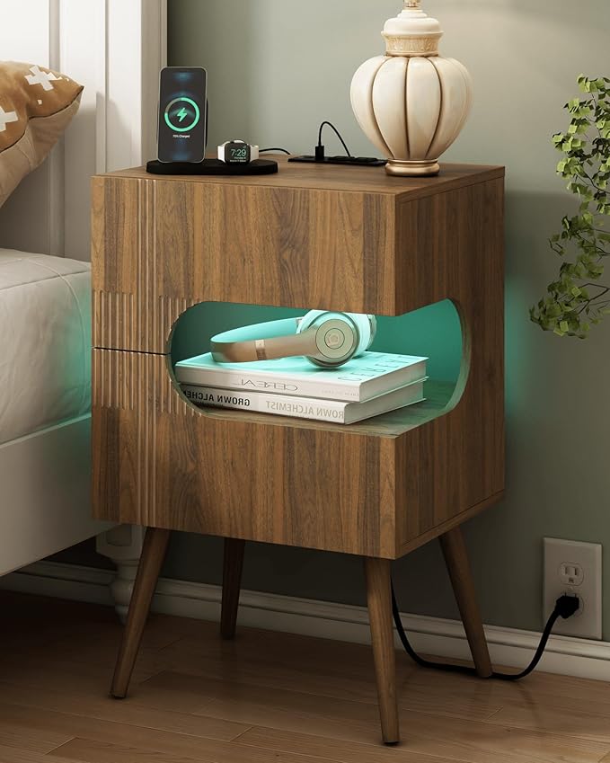 Nightstand with Charging Station and LED Lights,Modern Bedside Table with 2 Storage Drawer,Night Stand with Solid Wood Legs,White (Walnut Brown)