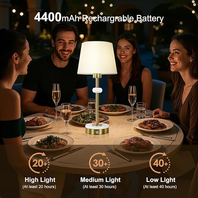 Gold Rechargeable Lamp, Table Lamps Set of 2, Cordless Lamp with Linen Shade, Marble Base, Touch Switch, 4400mAh Battery Operated Light for Desk Dinner Office Home Decor (Bulb Included)