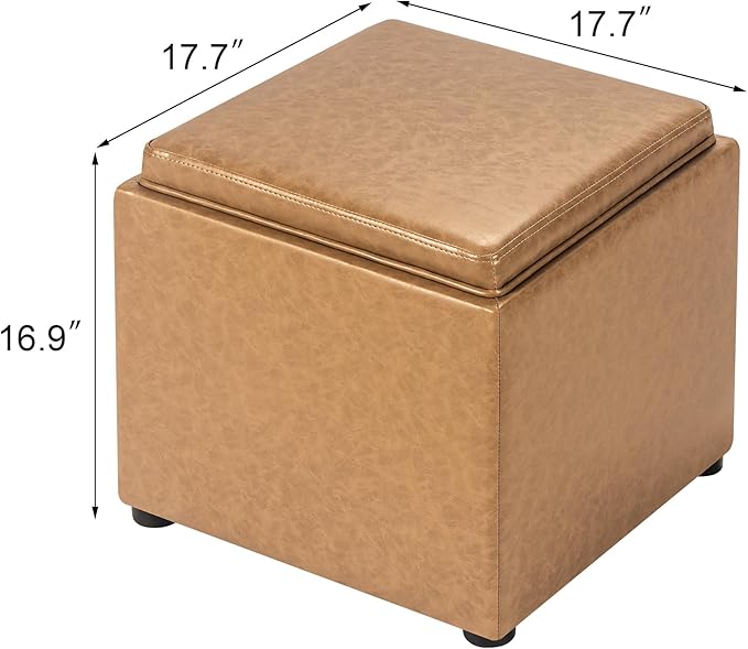 Adeco 18" Light Yellow Square Storage Ottoman with Tray, Retro Cube Ottoman Coffee Table for Dorm, Bedroom