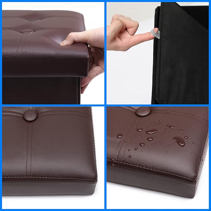 Storage Ottoman, Folding Foot Stool with Thicker Foam Padded Seat Small Leather Storage Ottoman Bench Foot Rest for Living Room Foldable Coffee Table 17x13x13in,Brown