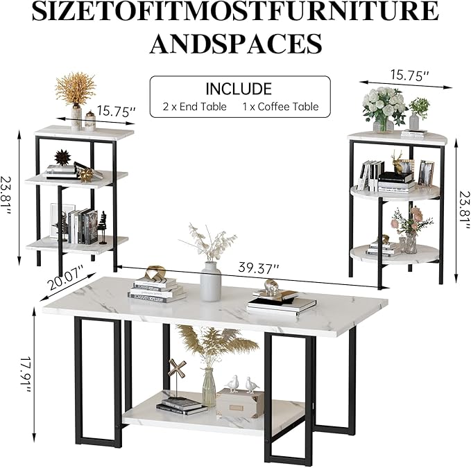 AWQM Faux Marble Table Set,Coffee Table & 2 Side Table, Faux Marble Tabletop and Metal Frame, 3 Piece Table Sets, for Living Room Apartment,White & Black