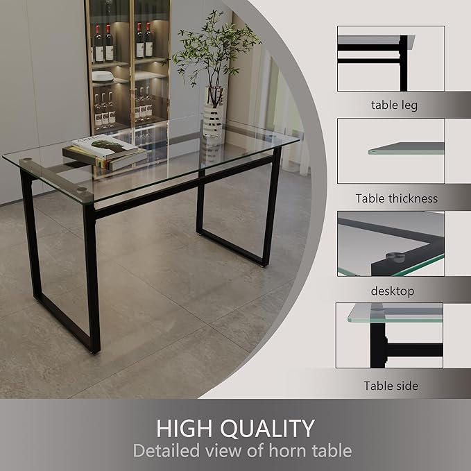 Glass Dining Table, 51'' Rectangle Dining Room Table,Modern Glass Kitchen Table with Tempered Glass Tabletop and Metal Leg,Dining Table for 4 Suitable Kitchen Dining Living Meeting Room(Black)
