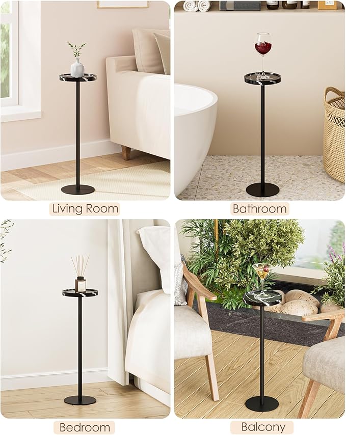 Drink Table, Small Pedestal Side Table, Round Cocktail Table, Circle Accent End Table with Metal Base, for Small Spaces (1, Black Marble)