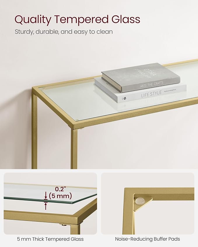 VASAGLE 39.4 Inches Console Table, Tempered Glass Sofa Table, Modern Entryway Table, Metal Frame, Easy to Assemble, Adjustable Feet, for Living Room, Hallway, Gold Color ULGT26G