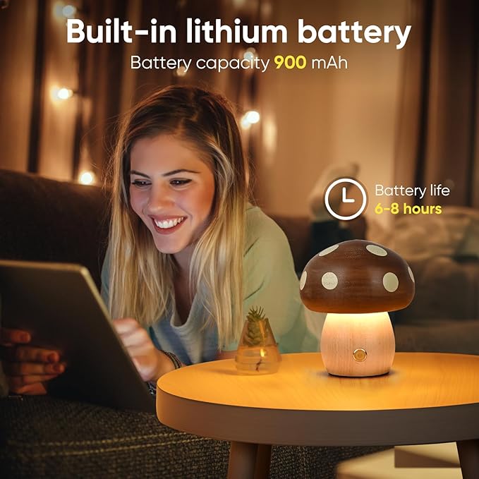Wood Mushroom Lamp, Rechargeable Small Bedside Lamp, Touch Mushroom Night Light Small lamp for nightstand, Portable Battery Operated Lights for Bedroom Kids Birthday Gifts