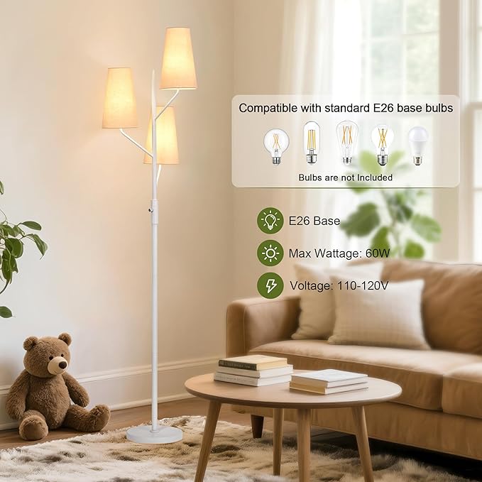 Industrial Floor Lamp for Living Room, 70" Tall 3-Light Tree Standing Lamp with White Pole, Farmhouse Rustic Reading Floor Lamps for Bedroom, Office and Study(Bulb Not Included)