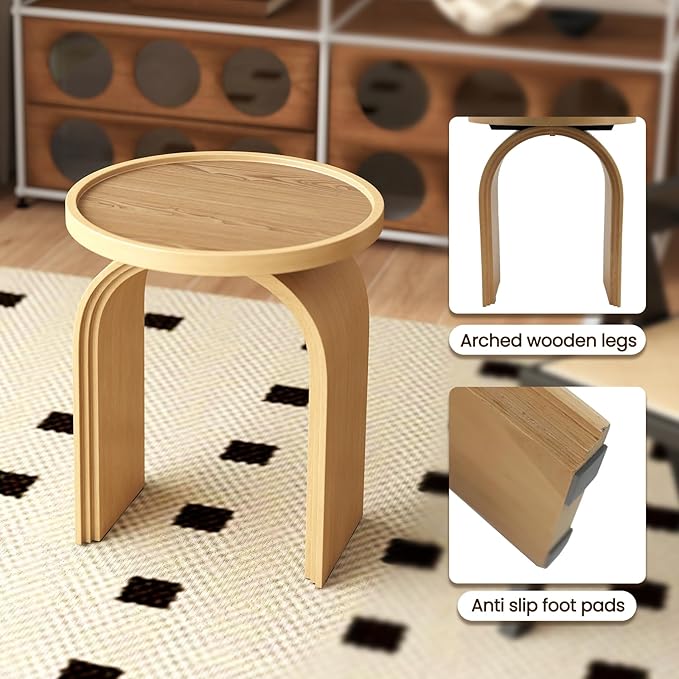 VESCASA 17.75" W Round Sofa Side Table, Modern Nightstand with Arched Wooden Legs, Small Accent End Table for Living Room, Bedroom, Natural Wood