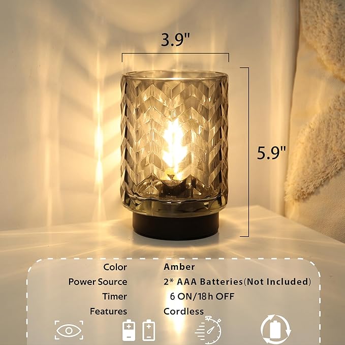 Battery Operated Lamp with Timer, Small Table Lamp for Office Desk Decor, Glass Cordless Lamp Bedside Cozy Light for Living Room Aesthetic, Entryway Wave Design-Grey