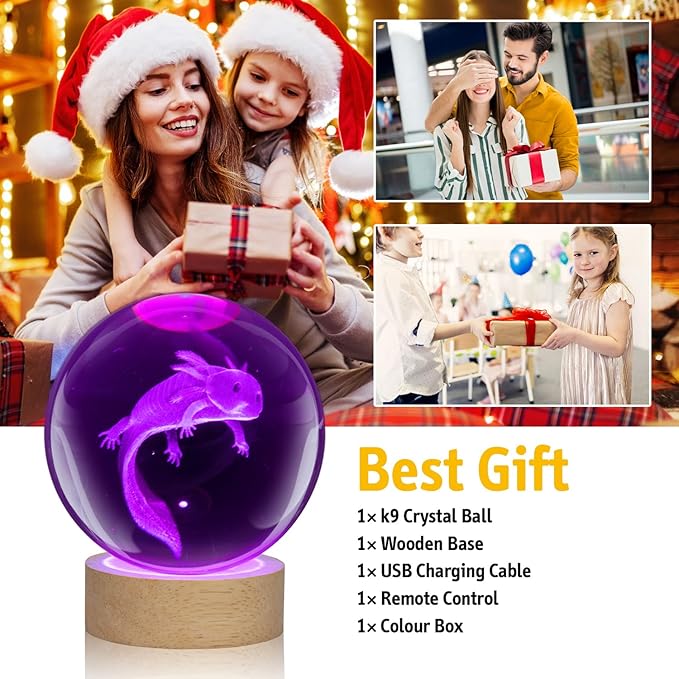Axolotl Night Light,3.15 inch 3D K9 Crystal Ball Axolotl Lamp with Wooden Base,16 Colors Change,Remote Control,Color Box,Birthday Christmas Gift