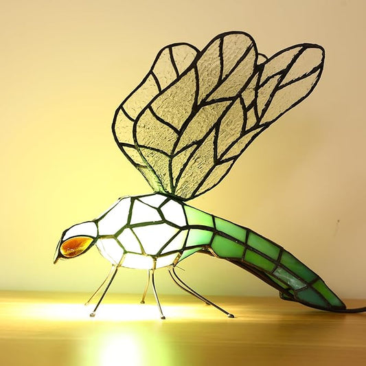 Tiffany Table Lamp Green Dragonfly Stained Glass Bedside Nightstand Night Light,3 Color-Temperature,Handcrafted Light for Living Room,Bedroom+LED Bulb,Home Decor Gifts