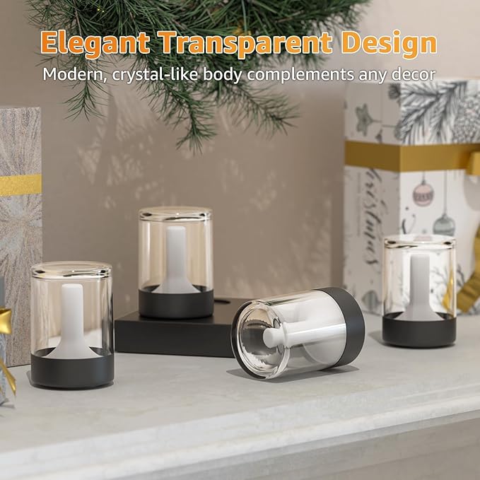 uuffoo Mini Rechargeable Night Lights 4-Pack, Transparent Table Lamps for Bedroom, Living Room, Office & Camping, Portable Ambiance Lighting with Charging Base, Flickering & Steady Candle Modes