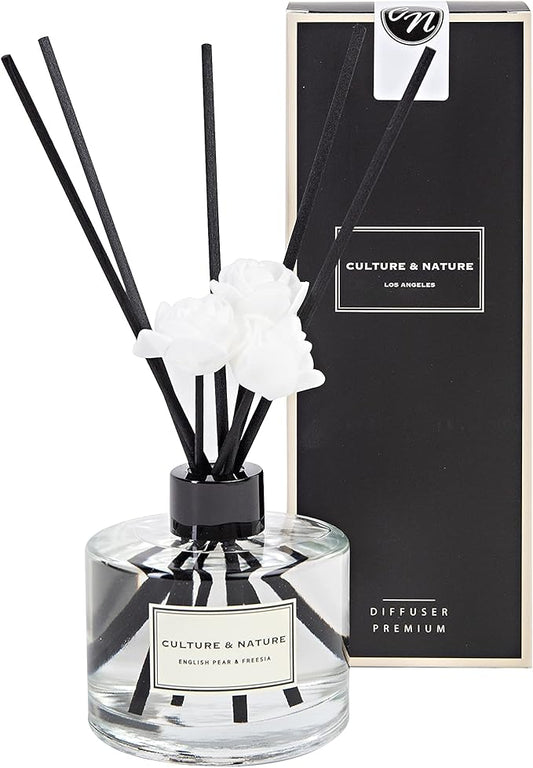 CULTURE & NATURE Reed Diffuser Set 6.7oz (200ml) English Pear & Freesia Scented Diffuser with Sticks Home Fragrance Reed Diffuser for Bathroom Shelf Decor