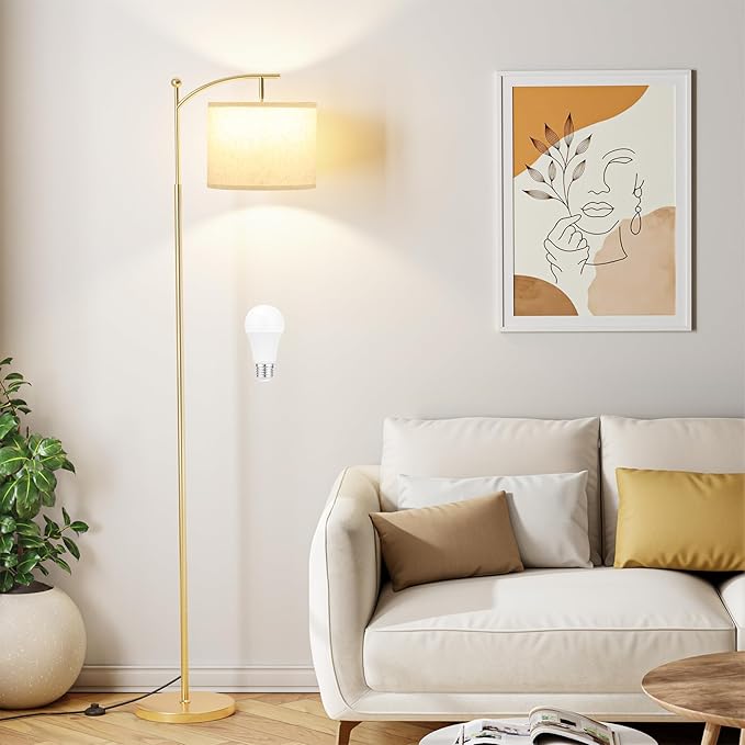 60" Floor Lamp With 3 Color Temperatures, Adjustable Beige Shade, Gold Pole - Tall Lamp for Living Room, Bedroom, Office, Classroom, Dorm - 9W Bulb Included