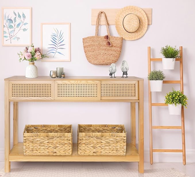 ZYBT Long Console Table, Console Tables for Entryway, Modern Narrow Wood Rattan Entryway Couch Hallway Boho Sofa Table with Storage Drawers for Living Room