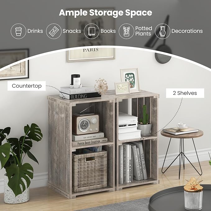 Giantex 2-Cube Bookcase Set of 2, 3-Tier Paulownia Wood Cubic Organizer w/Open Back, Freestanding Cubby Storage Shelf, Slatted Wooden End Table, Farmhouse Style Bookcase for Living Room, Bedroom