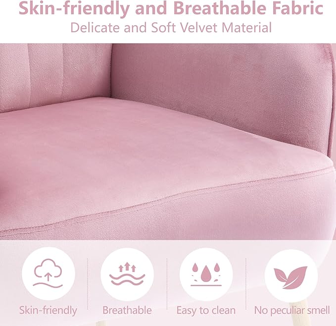 Velvet Accent Chair, Modern Upholstered Single Sofa Side Living Room Chair, Comfy Barrel Reading Armchair with Metal Legs for Bedroom, Waiting Room, Office and Cafe, Pink
