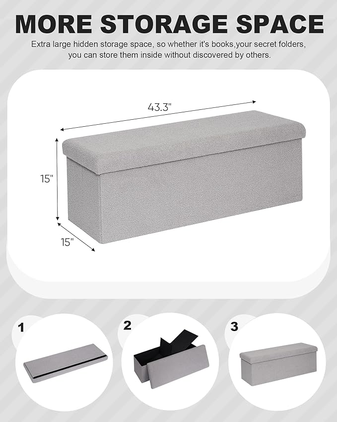 B FSOBEIIALEO Small Storage Ottoman Cube Sherpa Ottomans Foot Rest, Foldable Boucle Ottoman Bench, Faux Teddy Fur, Grey 43.3"x15"x15"