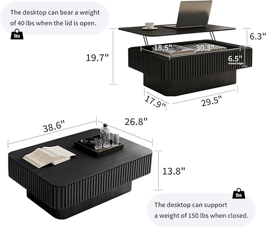 38.6'' Lift Top Fluted Coffee Table with Hidden Compartment, Modern Rectangular Wooden Center Table Cocktail Tea Table with Storage and Adjustable Height for Living Room Apartment, Black