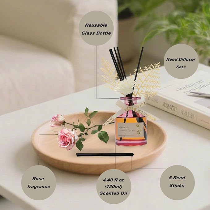Rose Scented Reed Diffuser 130ML - Romantic Floral Scent, Long-Lasting Fragrance Oil, Elegant Glass Bottle,Aroma Diffuser Stick, Perfect for Bedroom, Bathroom, Living Room,Office