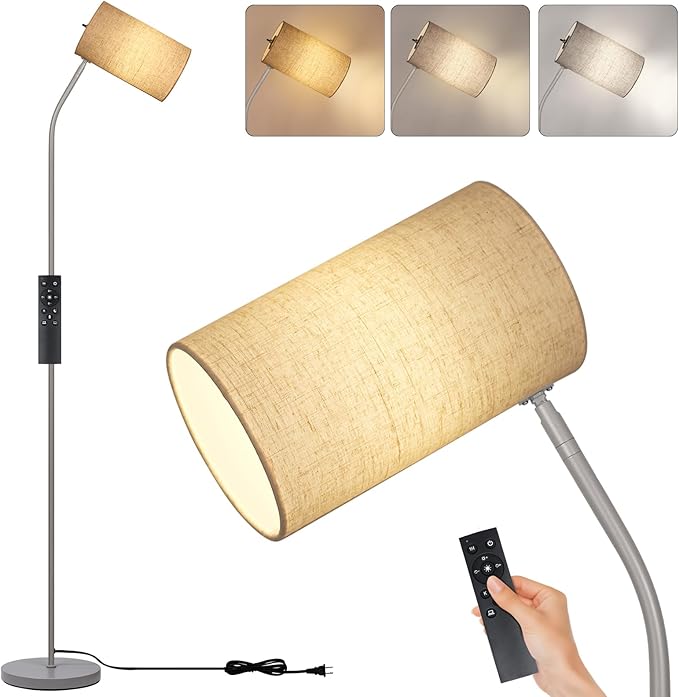 Standing Lamp for Living Room with Remote Control Light Bulb Adjustable Modern Reading Light,Floor Lamps for Bedroom,Office,Farmhouse, LED Bulb Included (Beige/Silver)