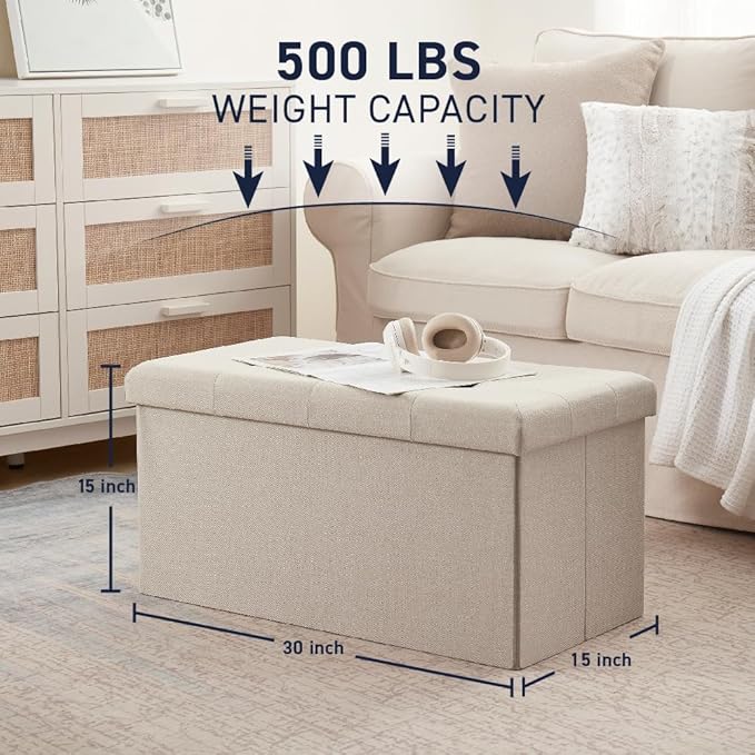 Ornavo Home 30 inch Folding Storage Ottoman with Large Storage, Foot Rest, Bedroom Bench - Beige