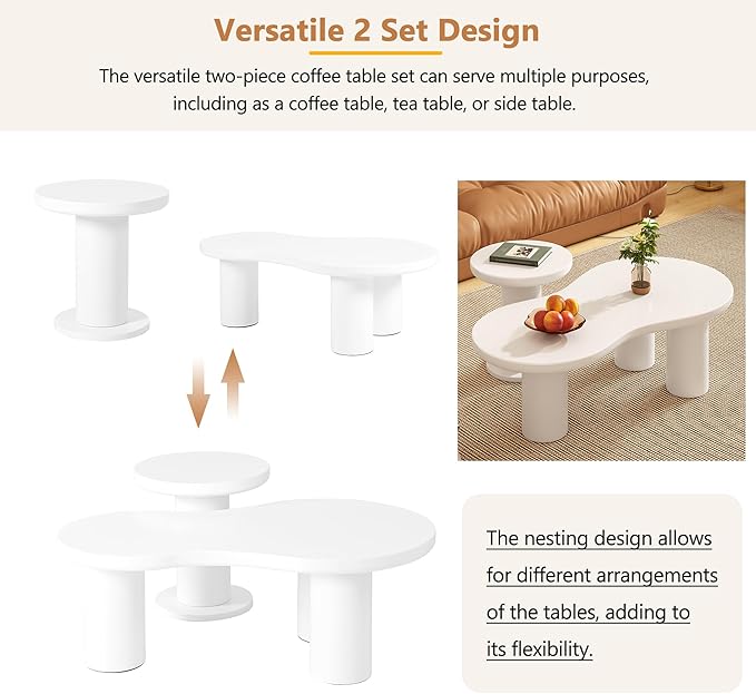 GDFStudio 39.3'' Nesting Coffee Table Set of 2,Cloud-Shaped & Round Side Tables, Minimalist Irregular Center Table with Sturdy Legs for Living Room,Easy Assembly,White