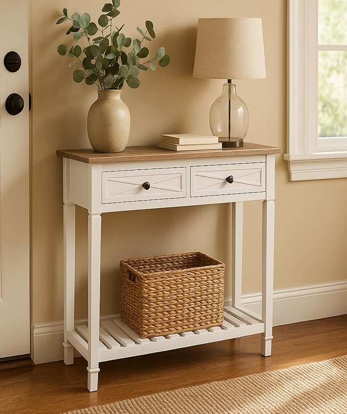 KINTNESS Console Table with 2 Drawers, Farmhouse Sofa End Table with Shelves for Entryway Living Room Hallway, White